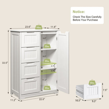 Meuble de rangement de salle de bain, meuble de rangement sur pied indépendant avec 4 tiroirs et étagère réglable