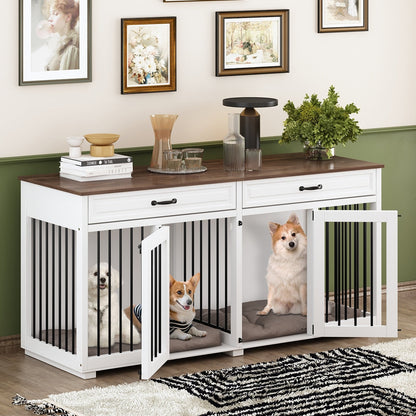 Cage double en bois pour chien avec 2 tiroirs et séparateur