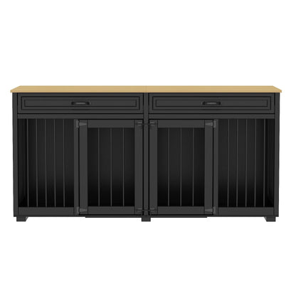 Cage double en bois pour chien avec 2 tiroirs et séparateur