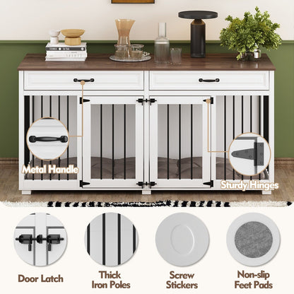 Cage double en bois pour chien avec 2 tiroirs et séparateur