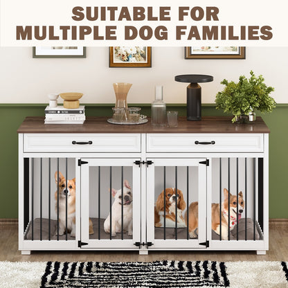 Cage double en bois pour chien avec 2 tiroirs et séparateur