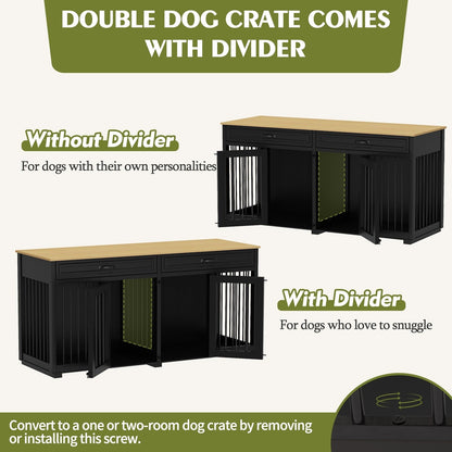 Cage double en bois pour chien avec 2 tiroirs et séparateur