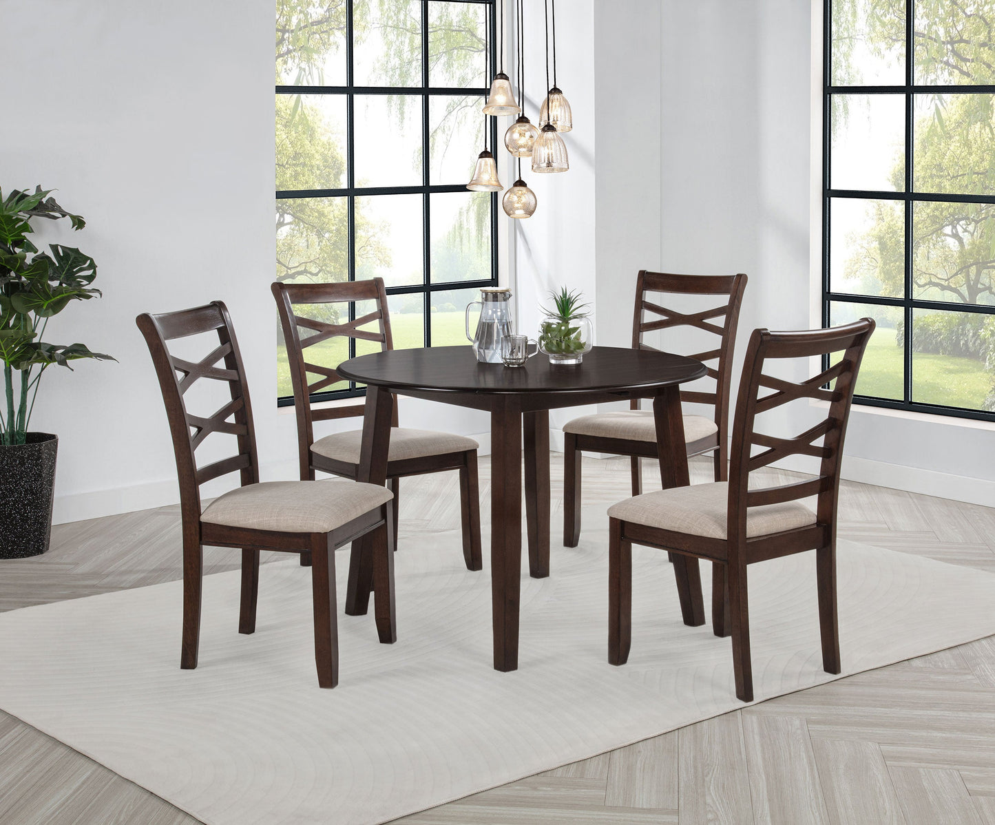 Ensemble de table à manger ronde en bois Barton 5 pièces, brun foncé