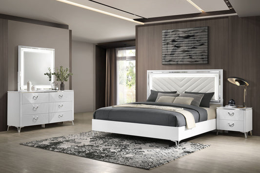 Ensemble de chambre à coucher Cassia 4 pièces avec lit king size oriental à LED, blanc brillant