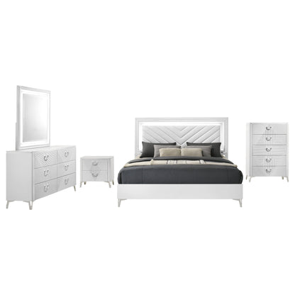 Ensemble de chambre à coucher Cassia 5 pièces avec lit king size à LED, blanc brillant