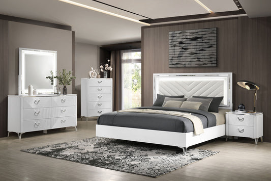 Ensemble de chambre à coucher Cassia 5 pièces avec lit Queen Size à LED, blanc brillant