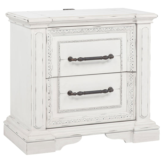 Table de chevet McKinney à 2 tiroirs avec double port USB, blanc vintage