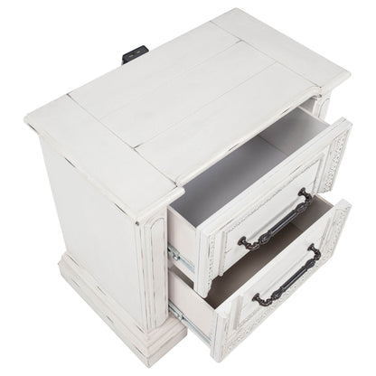 Table de chevet McKinney à 2 tiroirs avec double port USB, blanc vintage