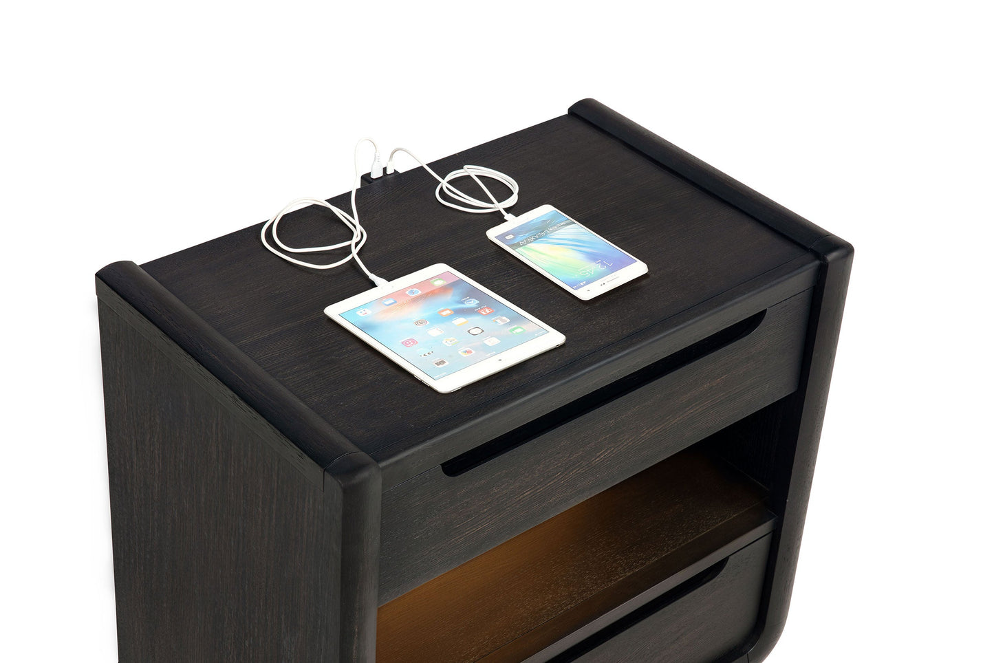 Table de chevet Leandro à 2 tiroirs avec port USB et LED, noir bruni