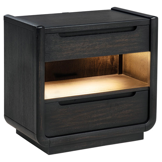 Table de chevet Leandro à 2 tiroirs avec port USB et LED, noir bruni