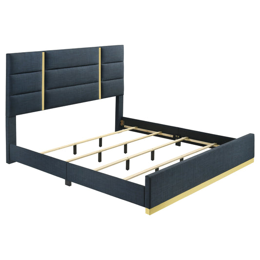 Lit king size à panneaux Ines de 52 pouces, rembourré en tissu, bleu marine